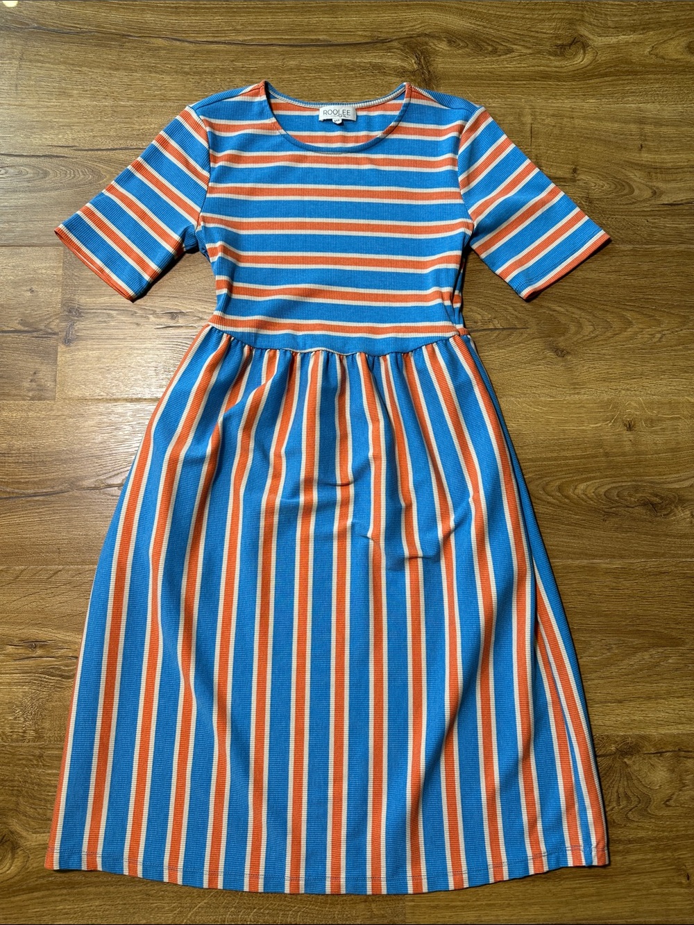Roolee Mom Blue, Coral, Cream Striped Ribbed Midi Dress XXS